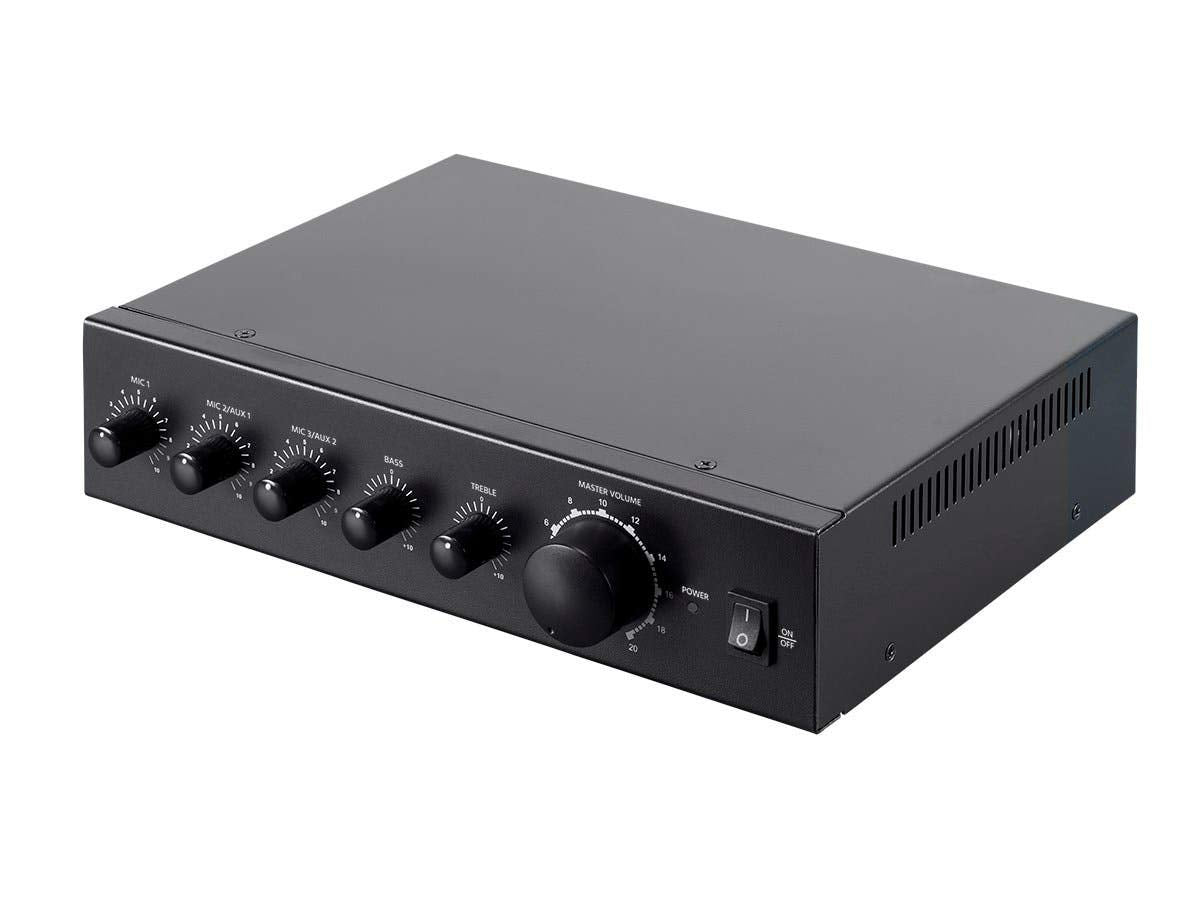 Monoprice Commercial Audio 3 Channel 60 Watt 100/70V Mixer Amp   Three Mic Inputs, Bass, Treble, And Volume Controls, Black