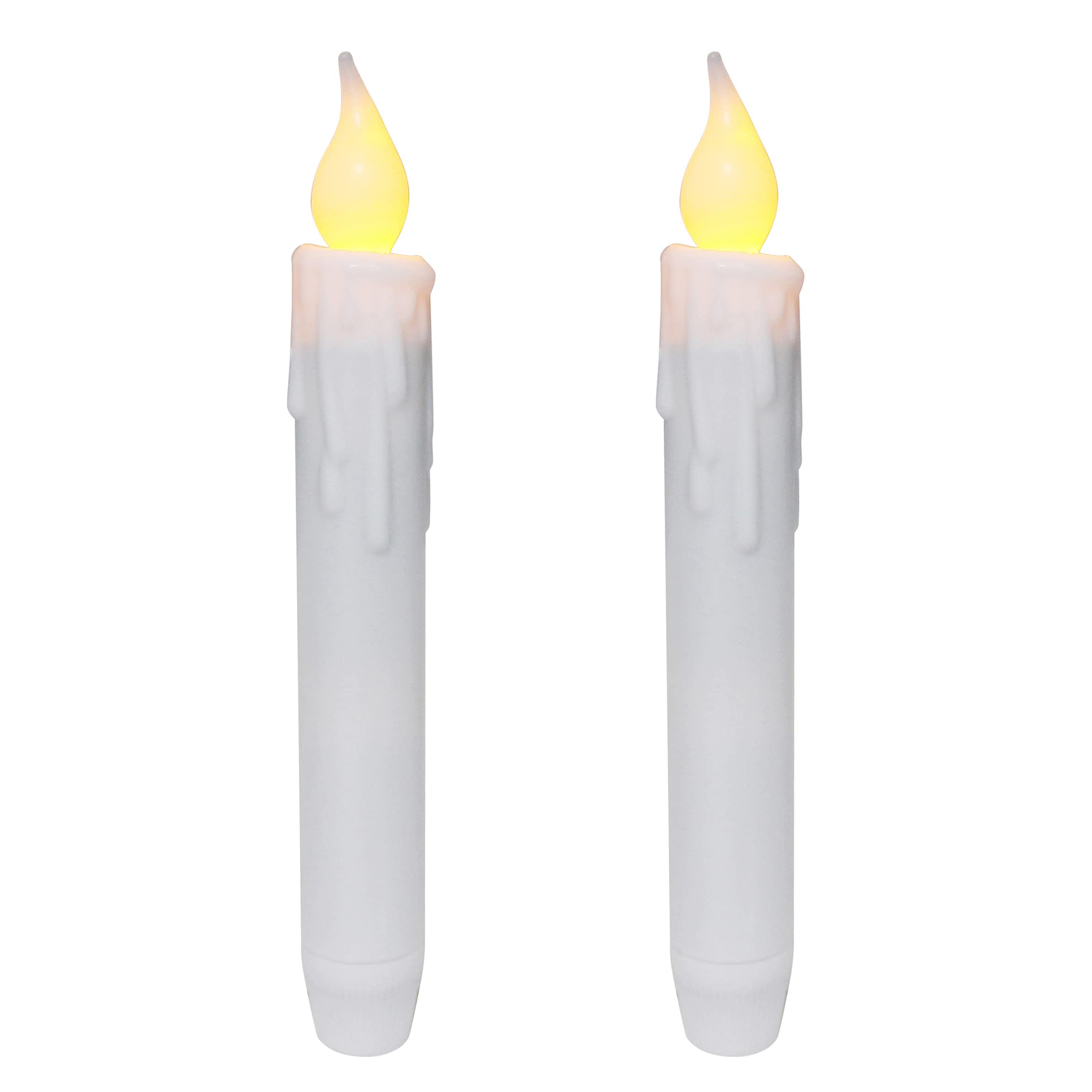 Cvhomedeco. Flickering Taper Candles Led Drip Flameless Candles, Battery Operated With Timer, White, 6 3/4 Inch, Set Of 2