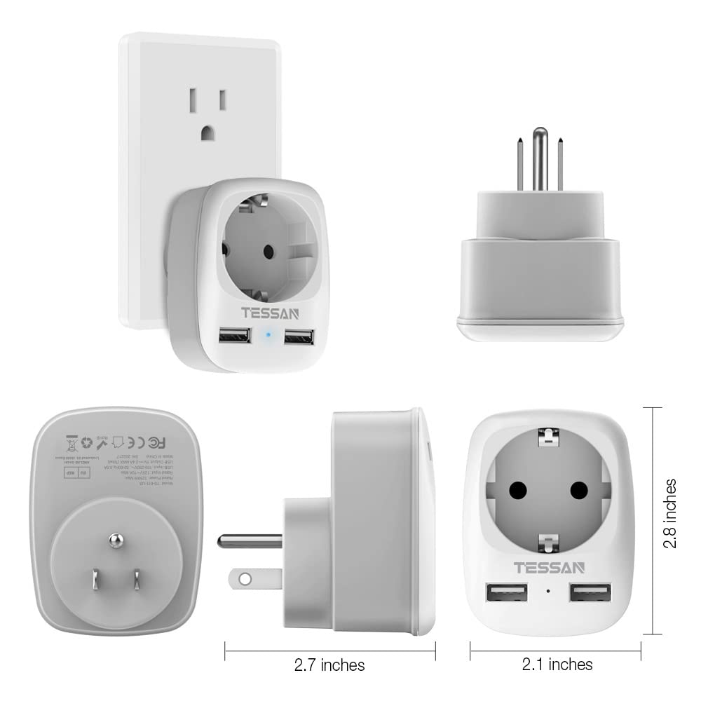 Tessan Europe To Us Plug Adapter With Ac Outlet And 2 Usb Ports, Eu To Us Plug Adapter, European To Us Travel Converter, Most Of