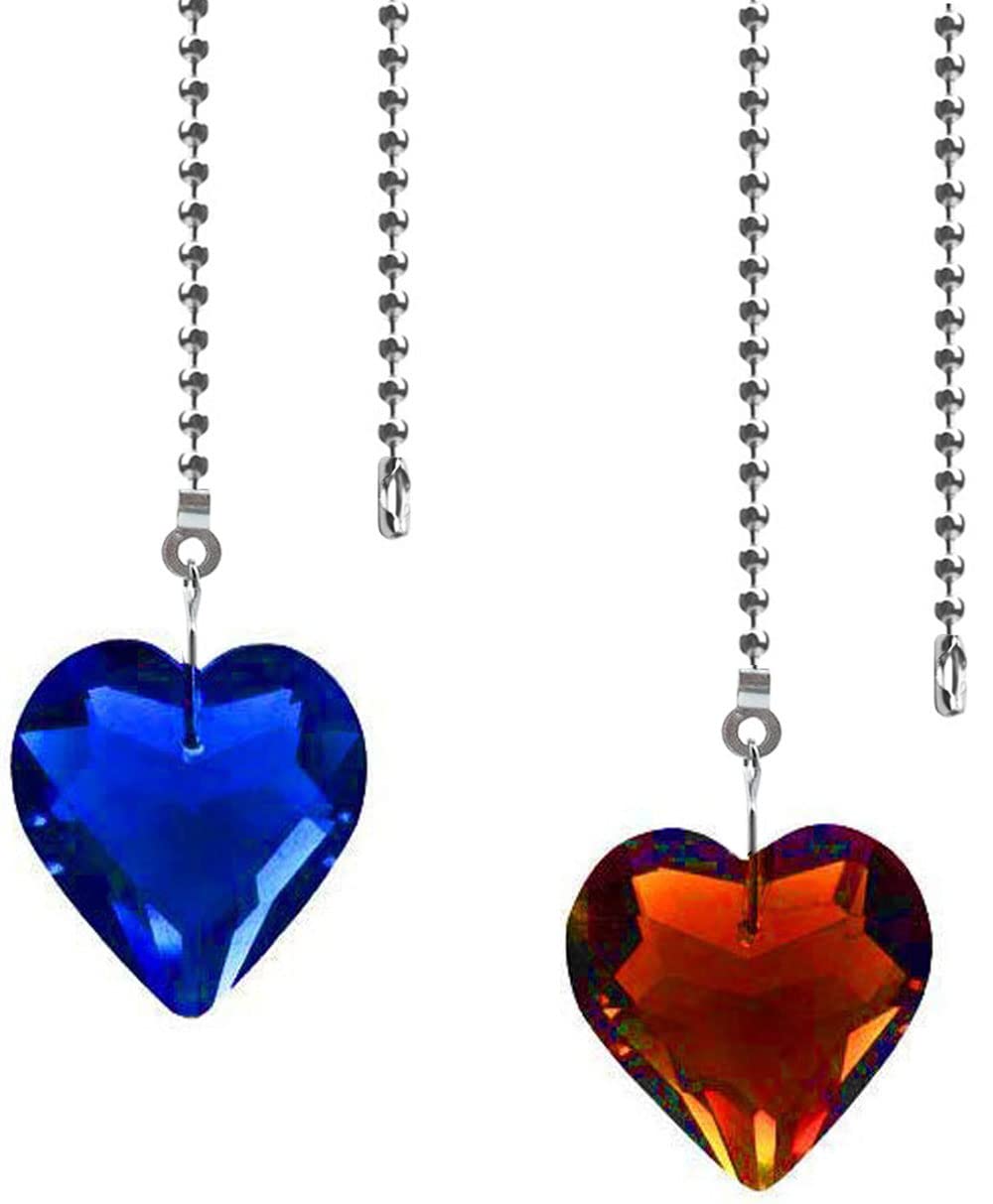 Hyamass 2Pcs Crystal Heart Prisms Pendant Ceiling Fan Pull Chain Extender With Ball Chain Connector (Amber+Blue)