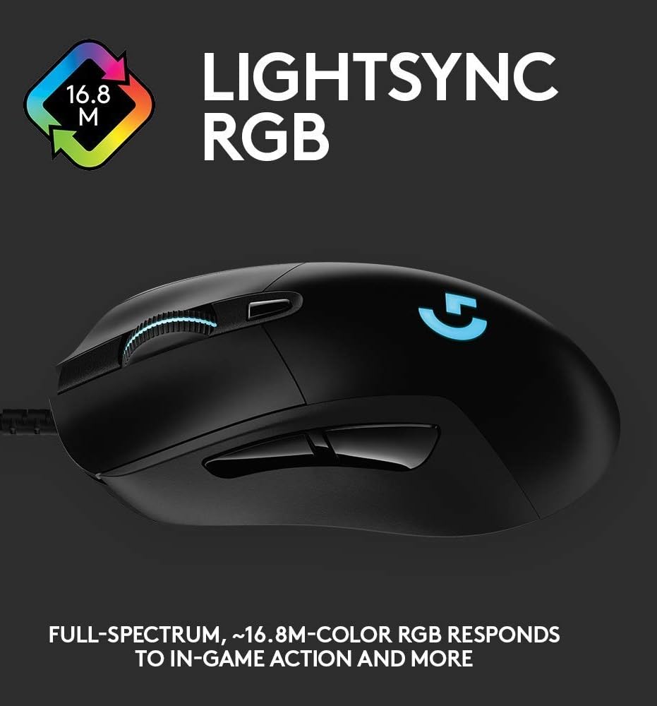 Logitech G403 Hero 25K Gaming Mouse Lightsync Rgb Lightweight 87G+10G Optional Braided Cable 25 600 Dpi Rubber Side Grips