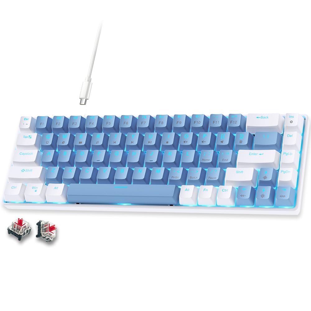 abucow 68Key Mechanical Keyboard with Blue Backlight 65% Gaming Keyboard Red Switches AntiGhosting NoConflict Swappable keyca