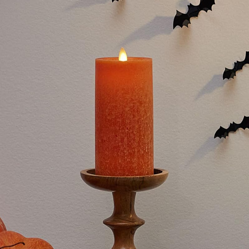 Luminara Sea Glass Flameless Candle, Harvest Pumpkin 3'' X 6.5'', Moving Led Flame Pillar With Timer, Battery Operated, Real Wax