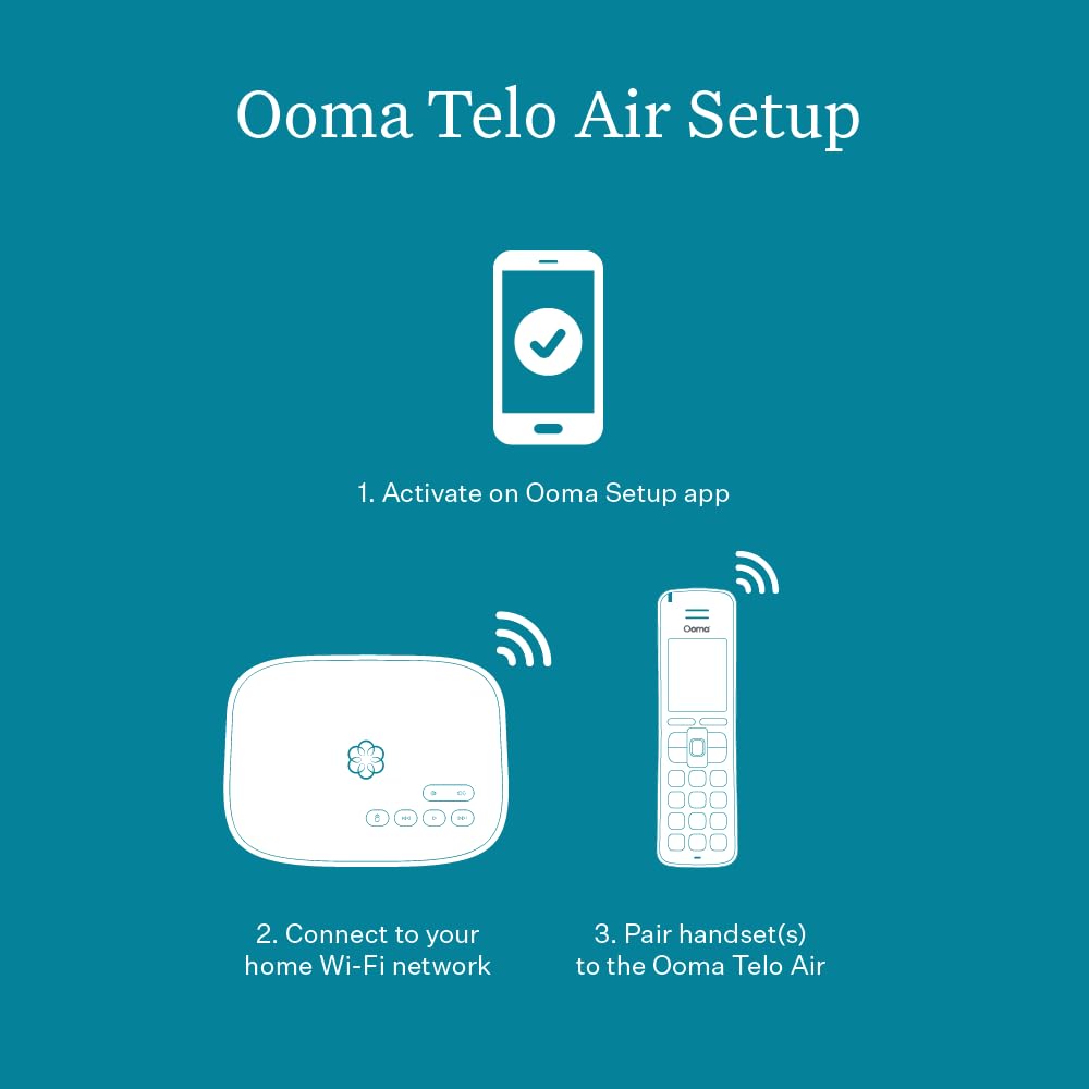 Ooma Telo Air 2 Wi-Fi Free Internet Home Phone Service And Hd3 Cordless Handset. Affordable Landline Replacement. Unlimited Nati
