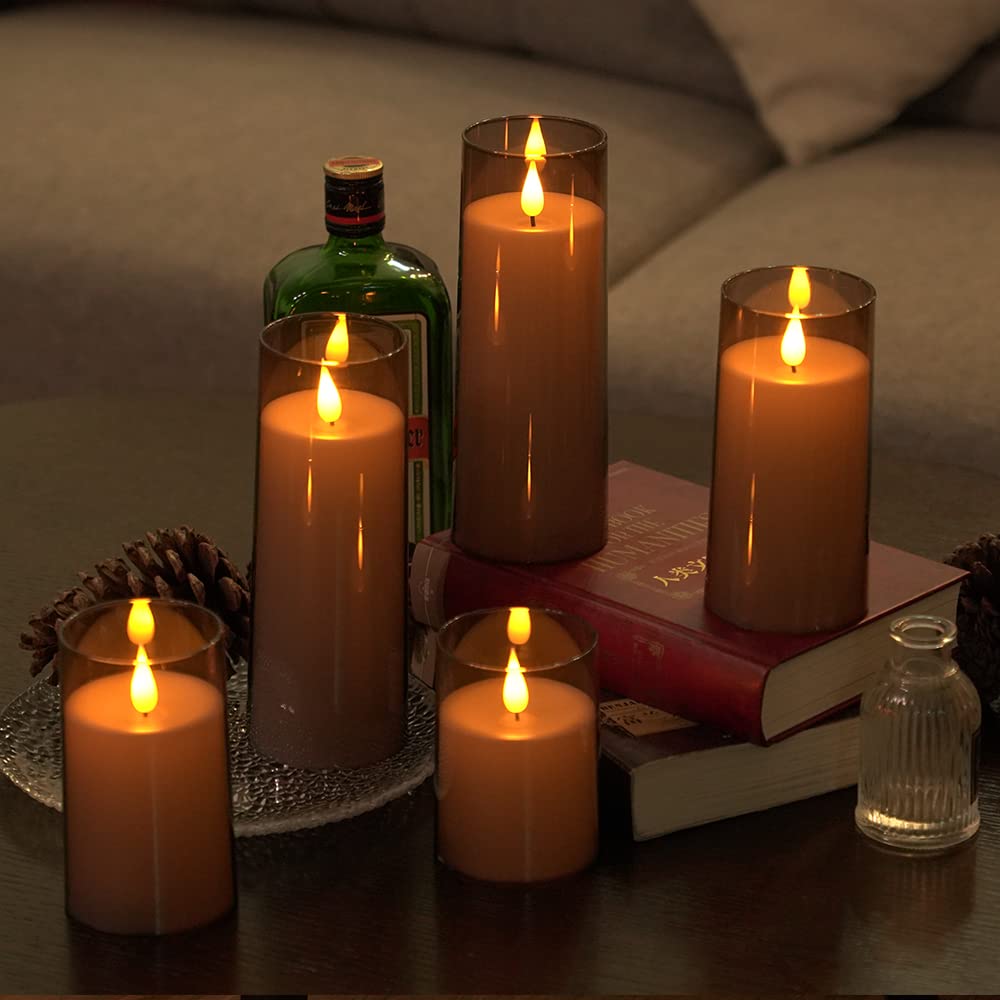 Fo32Won Grey Led Flameless Pillar Candles Battery Operated With Remote And Timer, Set Of 5 (D 3''?H 4'' 5'' 6'' 8'' 8'') Plexigl