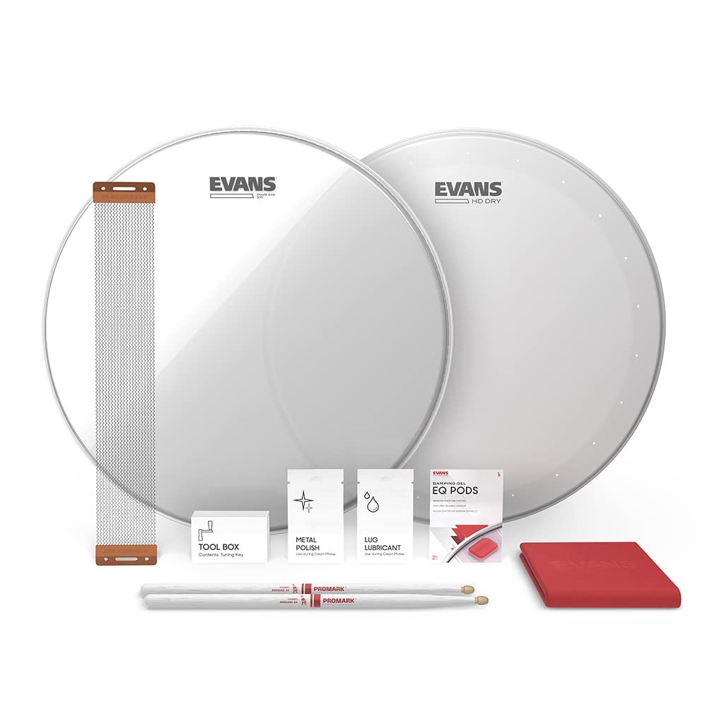 Evans Snare Drum Tune Up Kit   14 Inch Snare Drum Heads   Hd Dry And Clear Resonant Drumheads   Eq Pods   Snare Wires   Drumstic