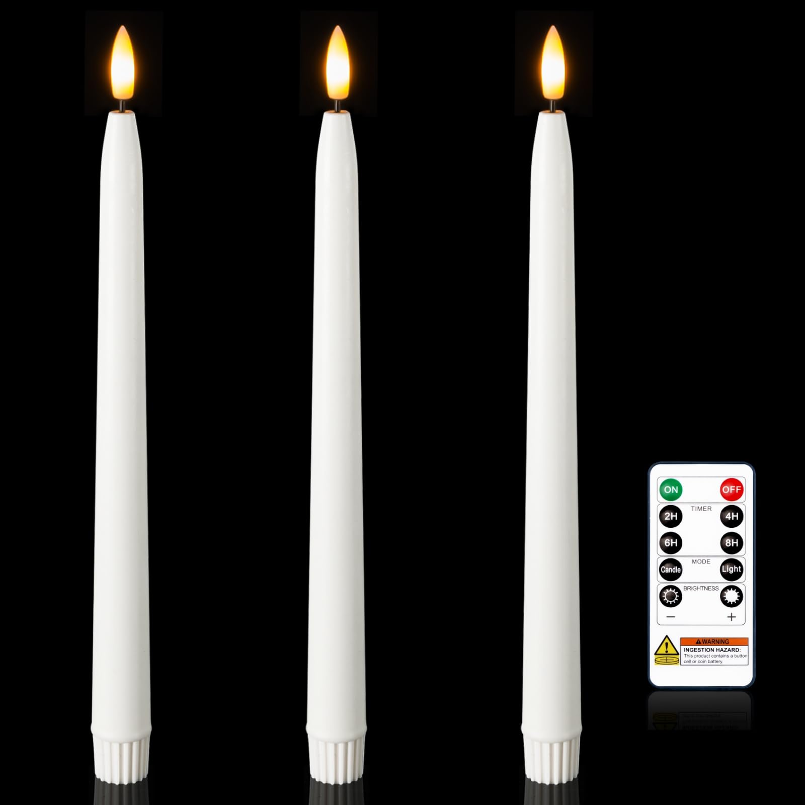 Homemory 11 inches Waxy Flameless Taper Candles with Remote Timer Dimmer, 3 Pcs Battery Operated Taper Candles with Flickering F