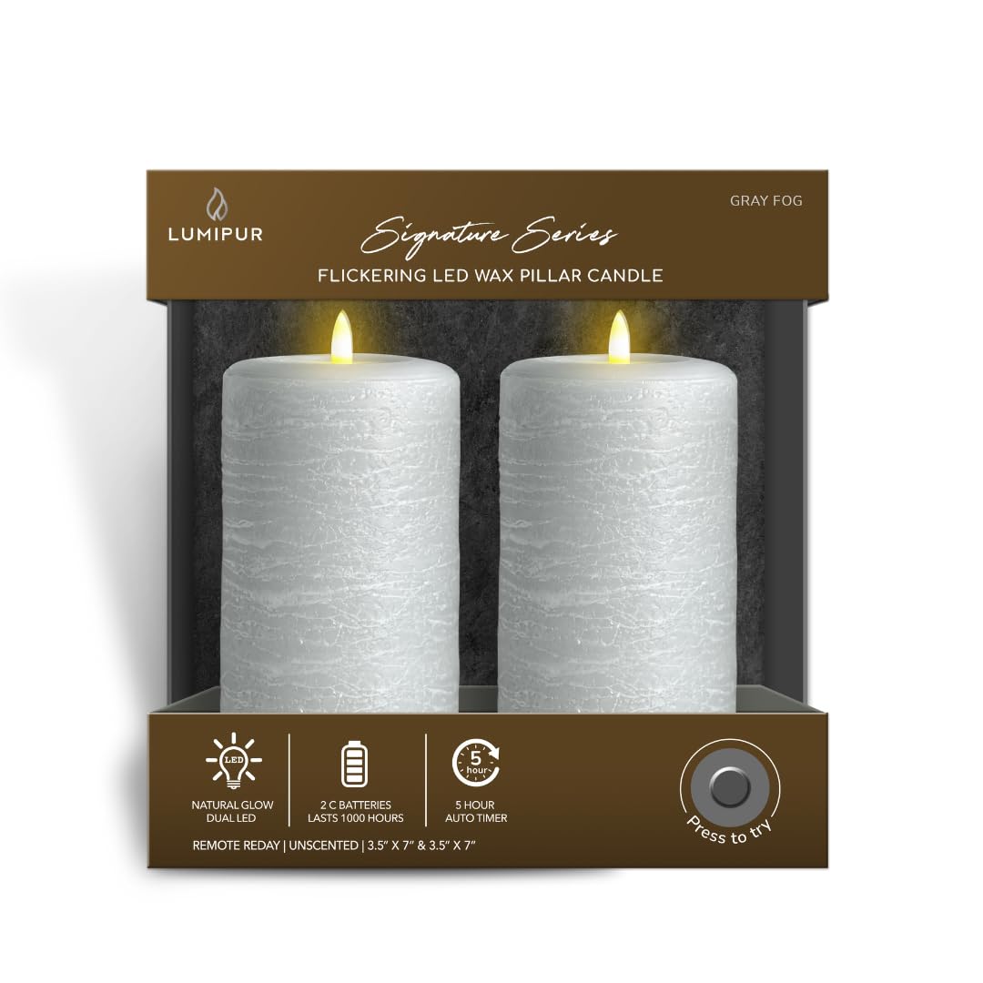 Lumipur Signature Natural Glow Flameless Wax Pillar 2 Pack Led Candles 3.5'' X 7'' Gray Fog