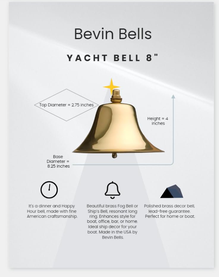 Bevin Bells Yacht Bell   Solid Brass 8'' Fog Bell | Ship Bell | Boat Bell | Wonderful Tone With A Loud And Long Ring | Hanging B