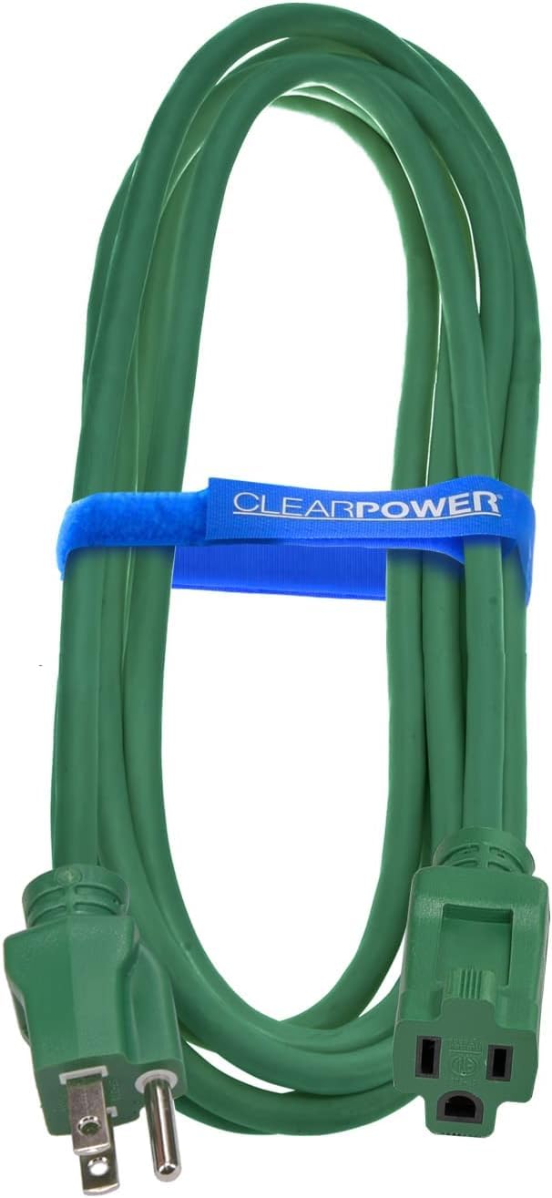 Clear Power Outdoor Extension Cord   15 Ft, Green | Lawn & Garden, 16/3 Sjtw, 3 Outlet, Water & Weather Resistant, Flame Retarda