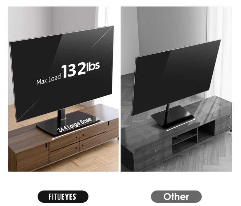 FITUEYES Universal TV Stand Mount for 43 80 85 inch TVs, Swivel Tall TV Mount Stand, Table Top TV Stand Base Replacement, Height Adjustable TV Table Stand, Glass Base, Max Holds 132lbs