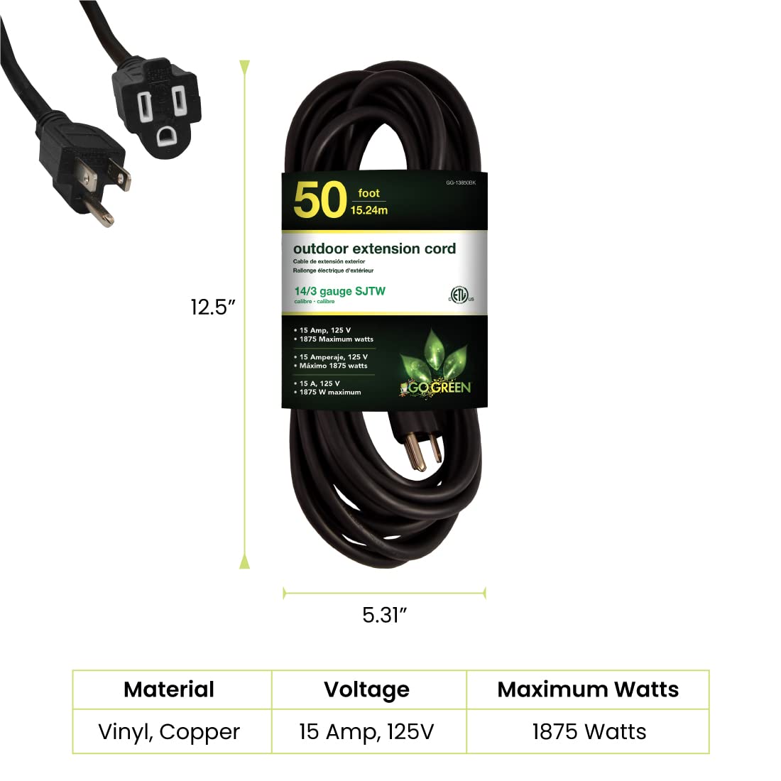 Go Green Power Inc. 14/3 50Ft Black Outdoor Extension Cord   Robust, Heavy Duty   Perfect For Outdoor Tools & Equipment   Gg 138