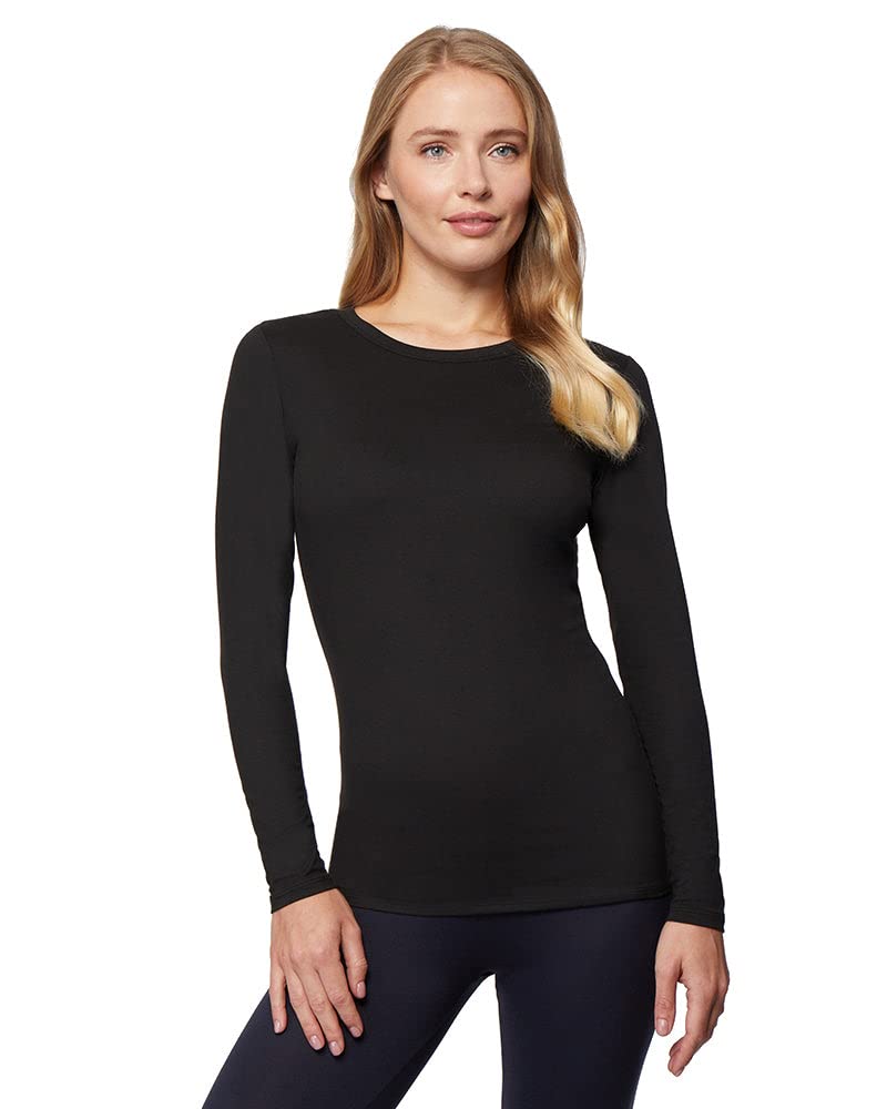 32 Degrees Womens Lightweight Baselayer Crew Top  Long Sleeve  Form Fitting  4 Way Stretch  Thermal, Black, X Large