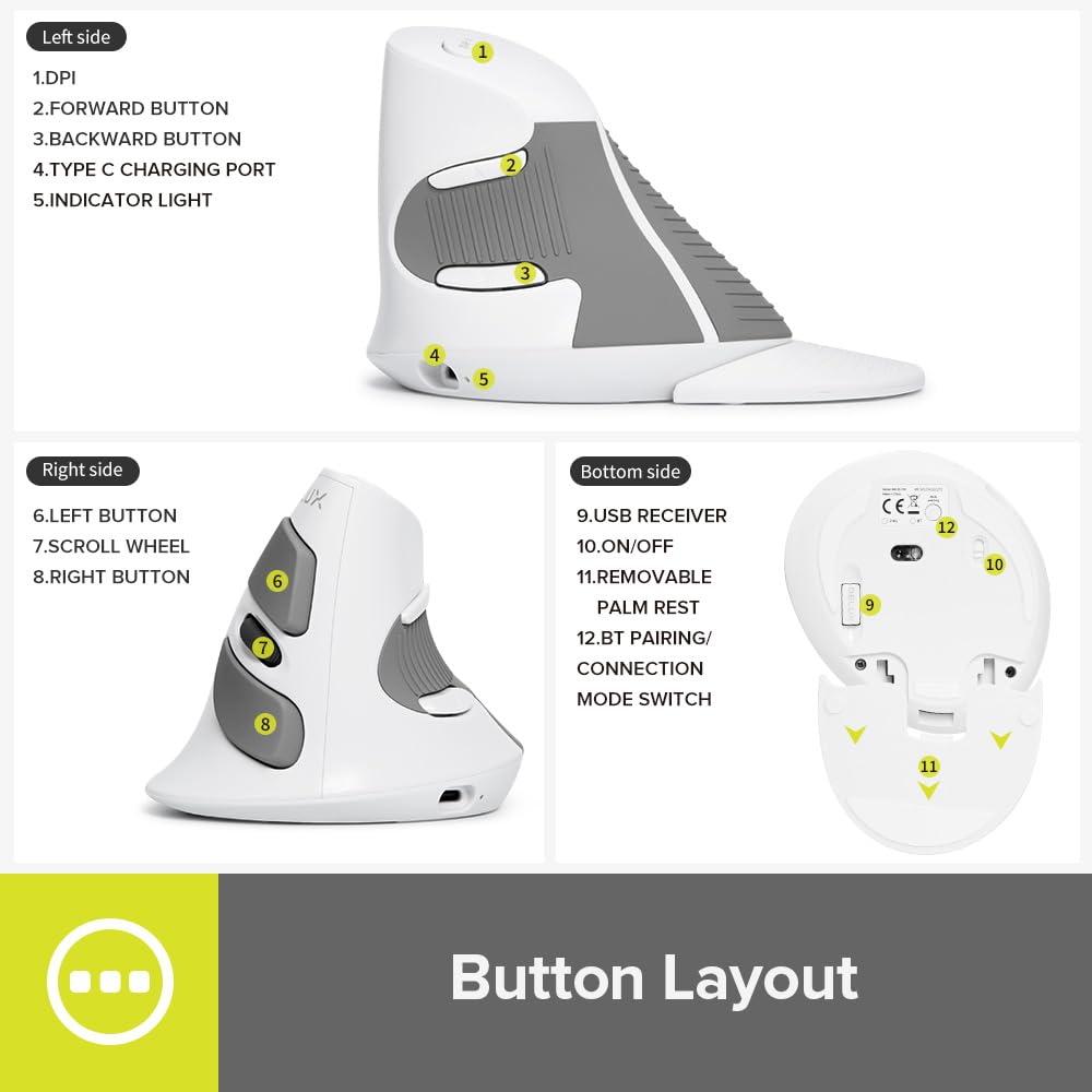 Delux Rechargeable Ergonomic Wireless Mouse Silent, 1600Dpi, Reduce Hand And Wrist Pain, Vertical Mouse With Usb Receiver And Bt