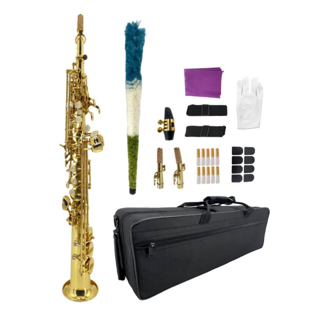 WUQIMUSC Bb Straight Soprano Saxophone-Gold Lacquer Finish, Ergonomic Design with Case, Mouthpiece, Neck Strap & Accessories, Id