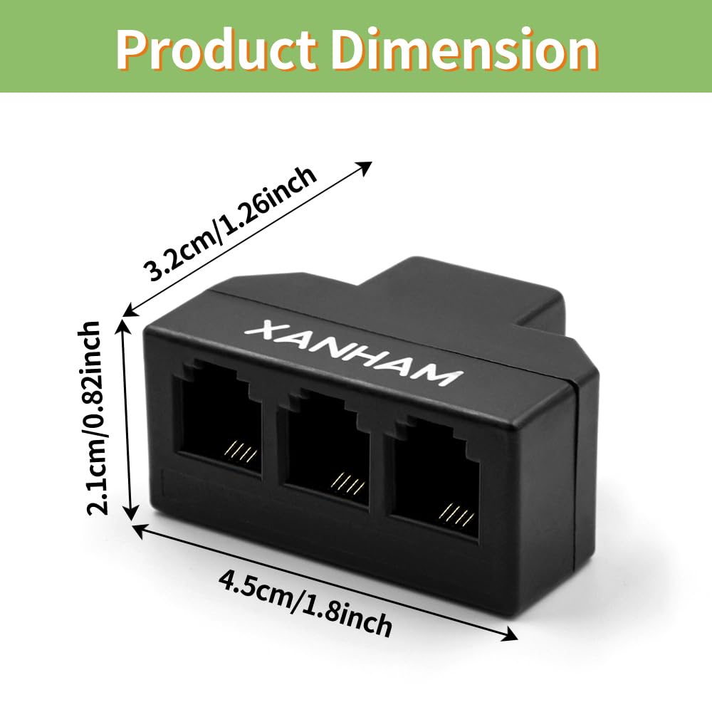 Xanham Rj11 Cable 3 Way Splitter 6P4C Connector Phone Line Cord Adapter With 3 Inch Cable For Landline Telephone Wire, Black, Av