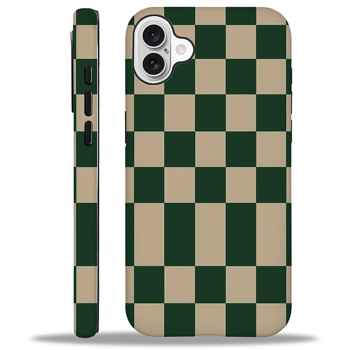 WANKBLC Compatible with iPhone 16 Matte Case, Dark Green Beige Checkerboard Pattern for Girl Full Body Design Soft Silicone Drop