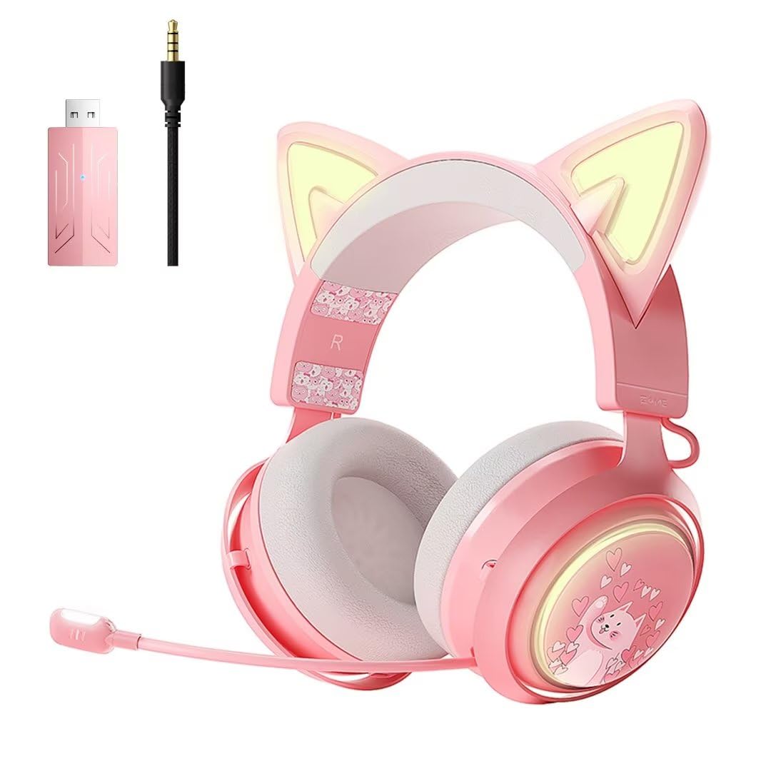 SOMIC Cat Ear Headphones, 2.4G/Bluetooth Wireless Gaming Headset for PS5, PS4, PC with RGB Lights and Retractable Mic, 10Hrs Pla