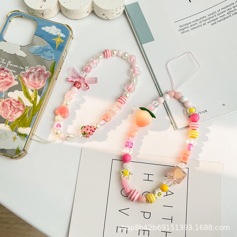 Pink Cute Strawberry Phone Charms Strap, Aesthetic Fruit Flower Love Hearted Phone Chain Pearl Beaded Phone Lanyard Jewelry For
