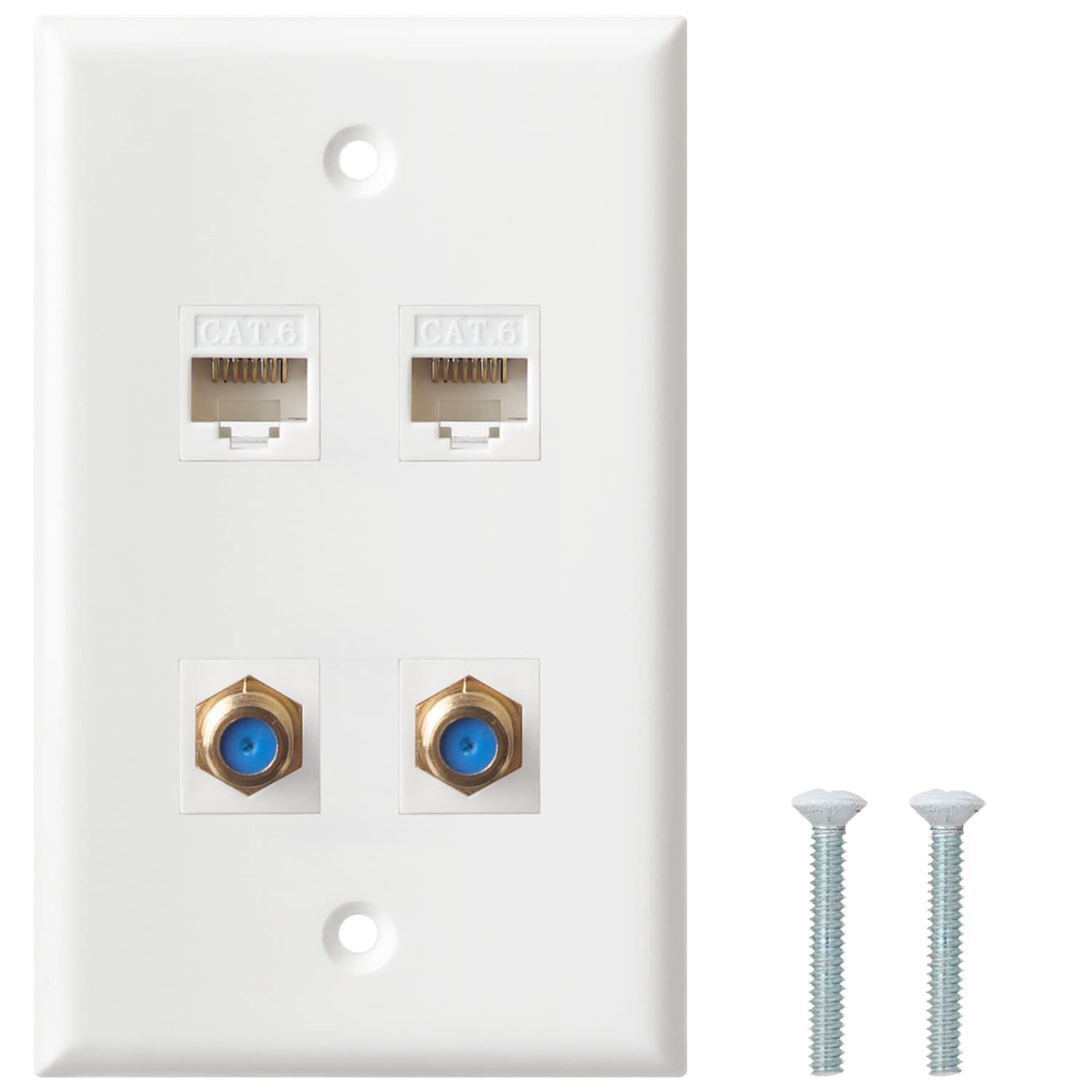 Ethernet Coax Wall Plate   Cat6 F Type Wall Plate, 2 Port Cat6 Keystone And 2 Port F Type Connector Coax Keystone   White