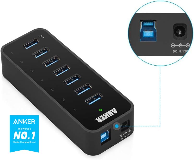 Anker 7 Port Usb 3.0 Data Hub With 36W Power Adapter And Bc 1.2 Charging Port For Iphone 7/6S Plus, Ipad Air 2, Galaxy S Series,