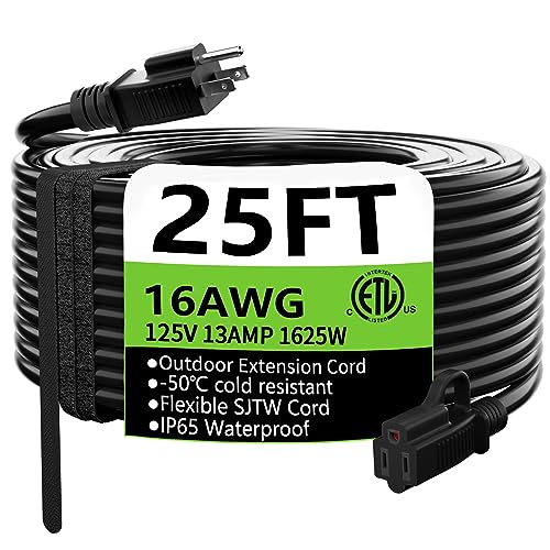 Indoor Outdoor Appliance Extension Cord 25 Ft Waterproof, 16/3 Gauge Flexible Cold Resistant Outside, 13A 1625W 16Awg Sjtw, 3 Pr