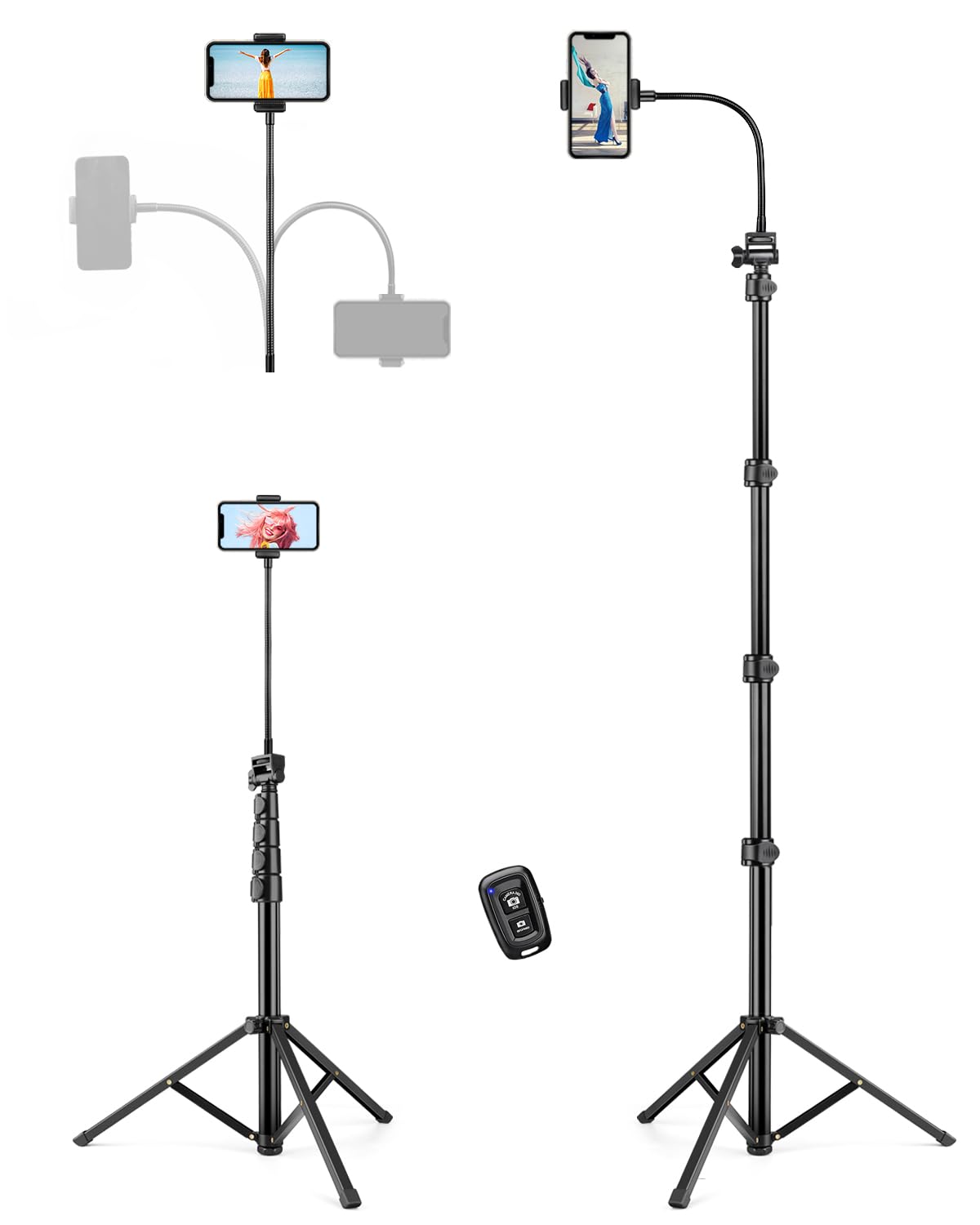 Phone Tripod, 81'' Tall Cell Phone Tripod With Remote, Gooseneck Phone Tripod Stand With Phone Holder, Adjustable Tripod For Iph