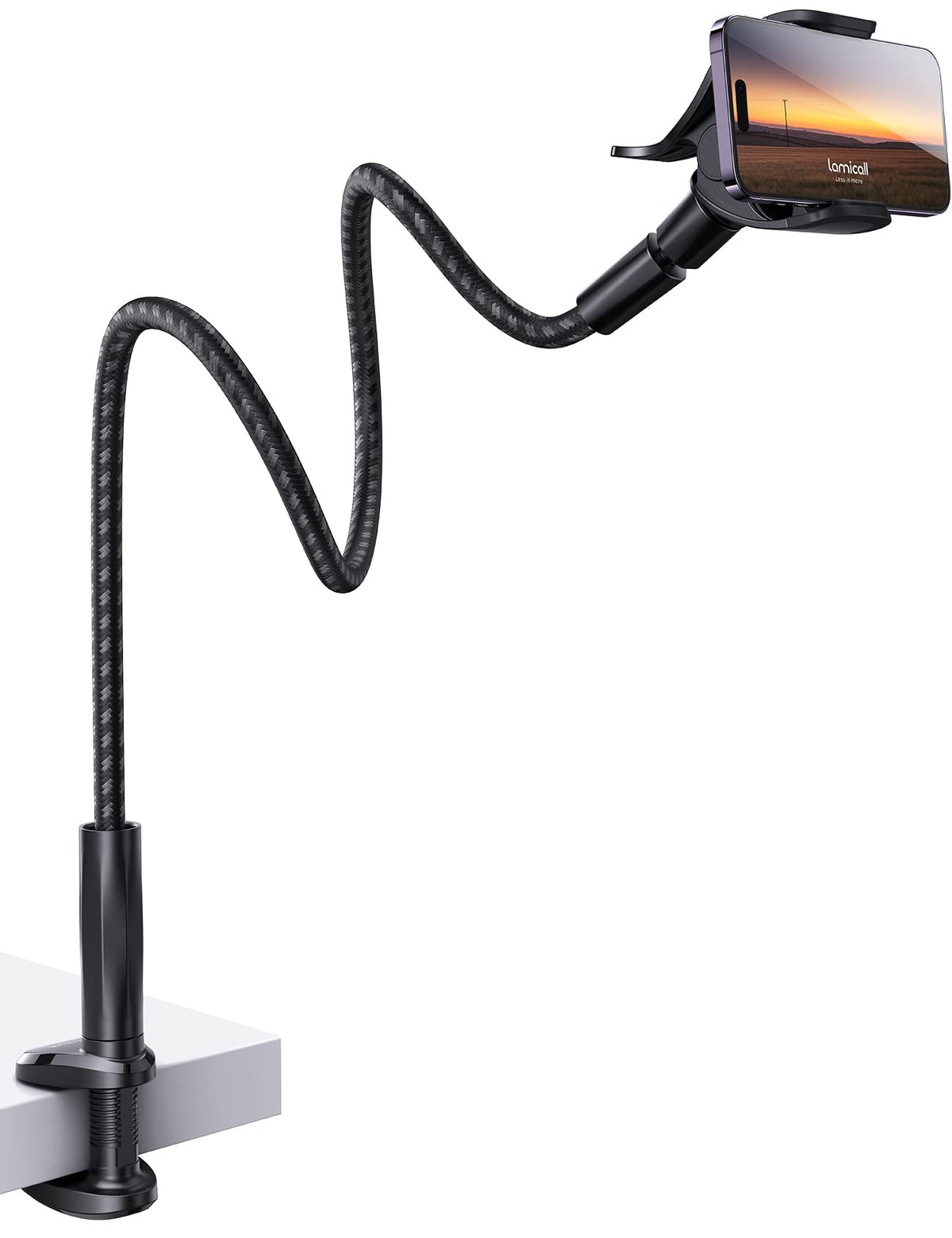 Lamicall Gooseneck Phone Holder Bed   [Nylon Braided] Flexible Arm, 38inch Overall Length, 360 Adjustable Clamp Clip, Overhead Cell Phone Mount Stand for Bed, Desk, 4 7� Cellphone