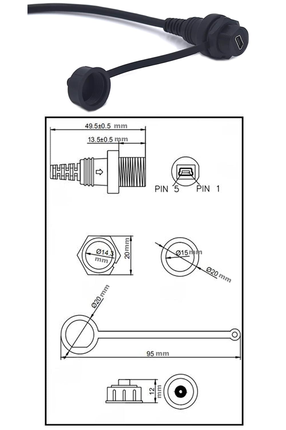 Kework Mini Usb 5 Pin Mount, 0.3 Meter Mini Usb Male To Female Flush Mount Panel Mount Extension Aux Cable For Car Truck Boat Mo