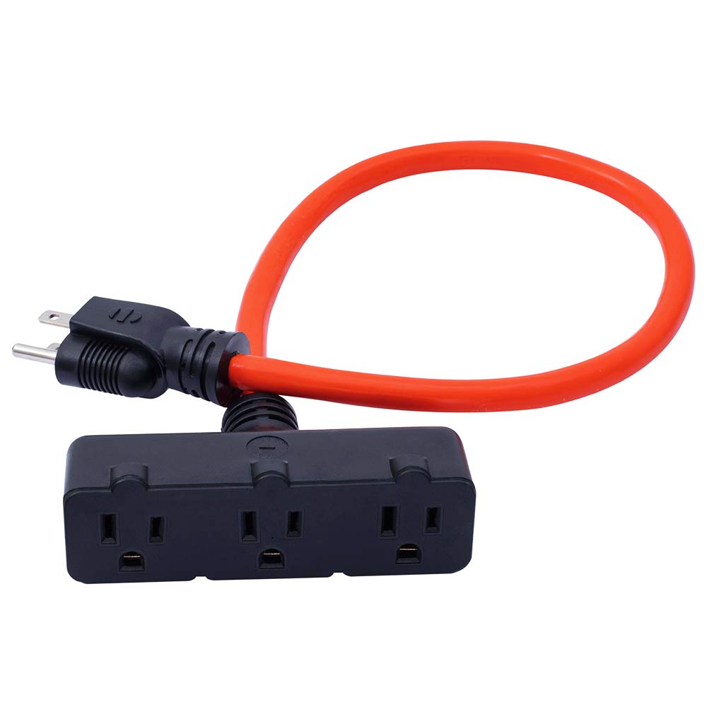 Kmc 3 Outlet Power Extension Cord, 12Awg 2 Feet Extension Cord, 125V/15Amp 1875Watt, Orange