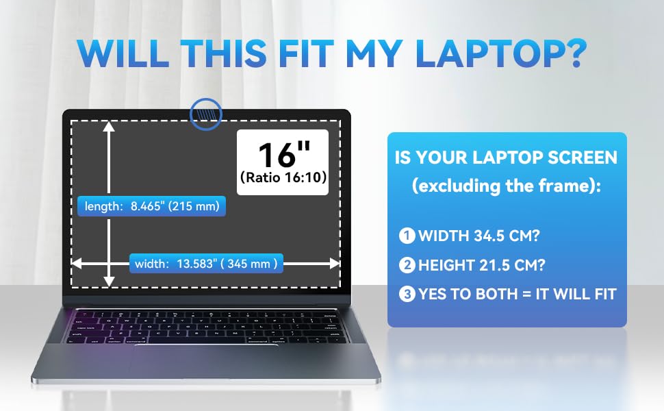 Yamaya Laptop Privacy Screen 16 Inch, Removable 16:10 Aspect Privacy Filter Screen Protector For 16 Inch Laptop, Privacy Screen
