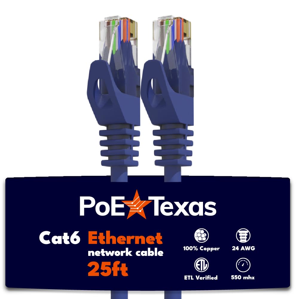 Poe Texas Cat 6 Ethernet Cable 25 Ft   Single Pack   Snagless Patch Cable   Thicker Gauge 23Awg 0.57Mm Network Cable   Cat6 Ethernet Cable Cat 6 Cable   Ethernet Cord Internet Cable (Blue, 25 Feet)