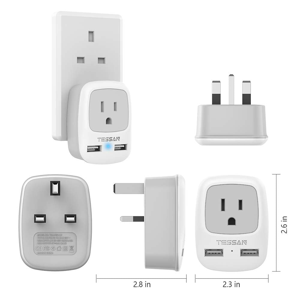Us To Uk Ireland Travel Plug Adapter 2 Pack, Tessan Type G Power Outlet Adaptor With 2 Usb For Usa To Dubai Scotland British Lon