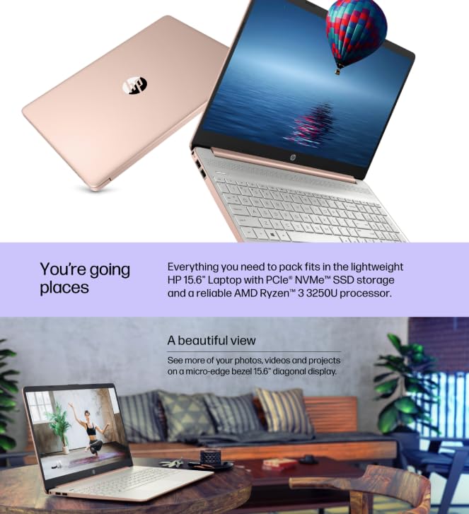 Hp 15.6'' Rose Gold Laptop With Wireless Mouse & Earbuds, 16Gb Ram, 1Tb Ssd, Amd Ryzen 3 Core, Fingerprint Reader, Long-Lasting