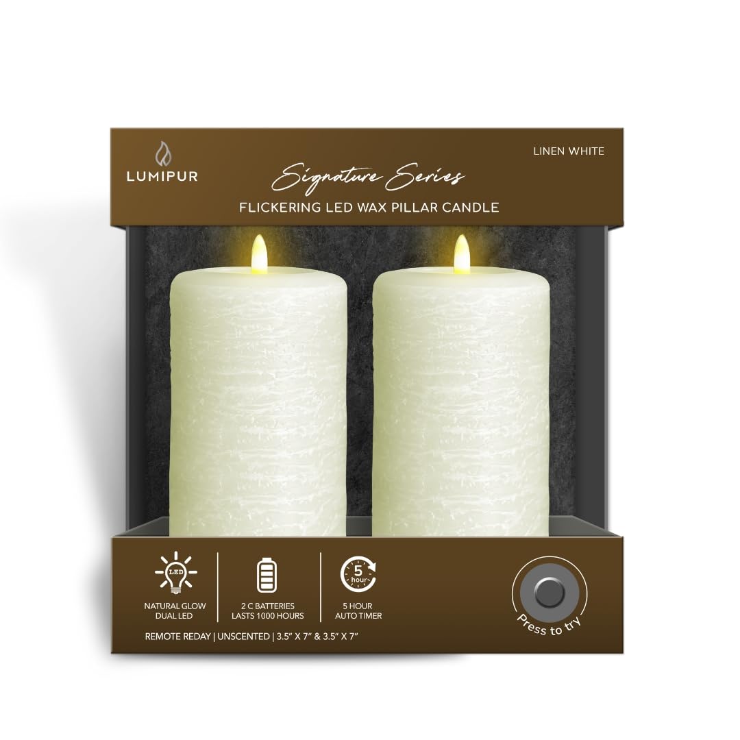 Lumipur Signature Natural Glow Flameless Wax Pillar 2 Pack Led Candles 3.5'' X 7'' Linen White