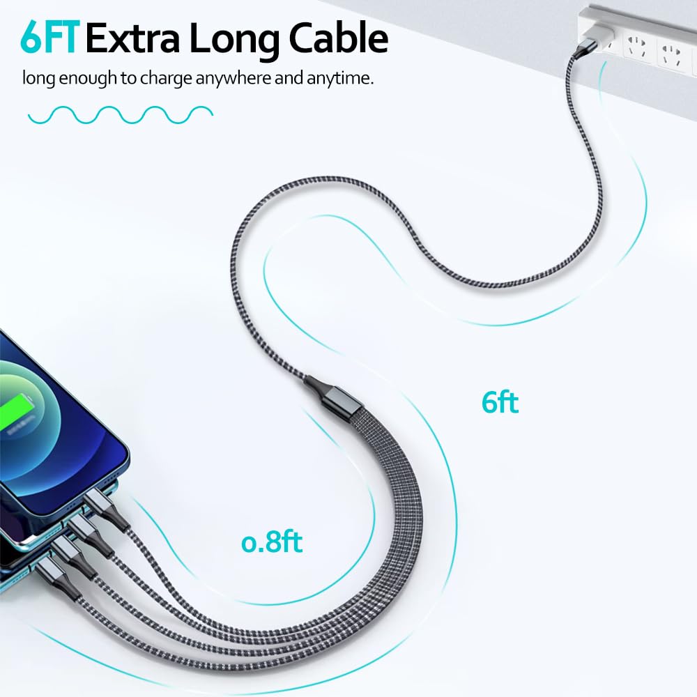 Puxnoin Multi Charging Cable 6Ft 2Pack Multi Charger Cable 4 In 1 Universal Multiple Usb Cable Fast Charging Cord With Type C, M
