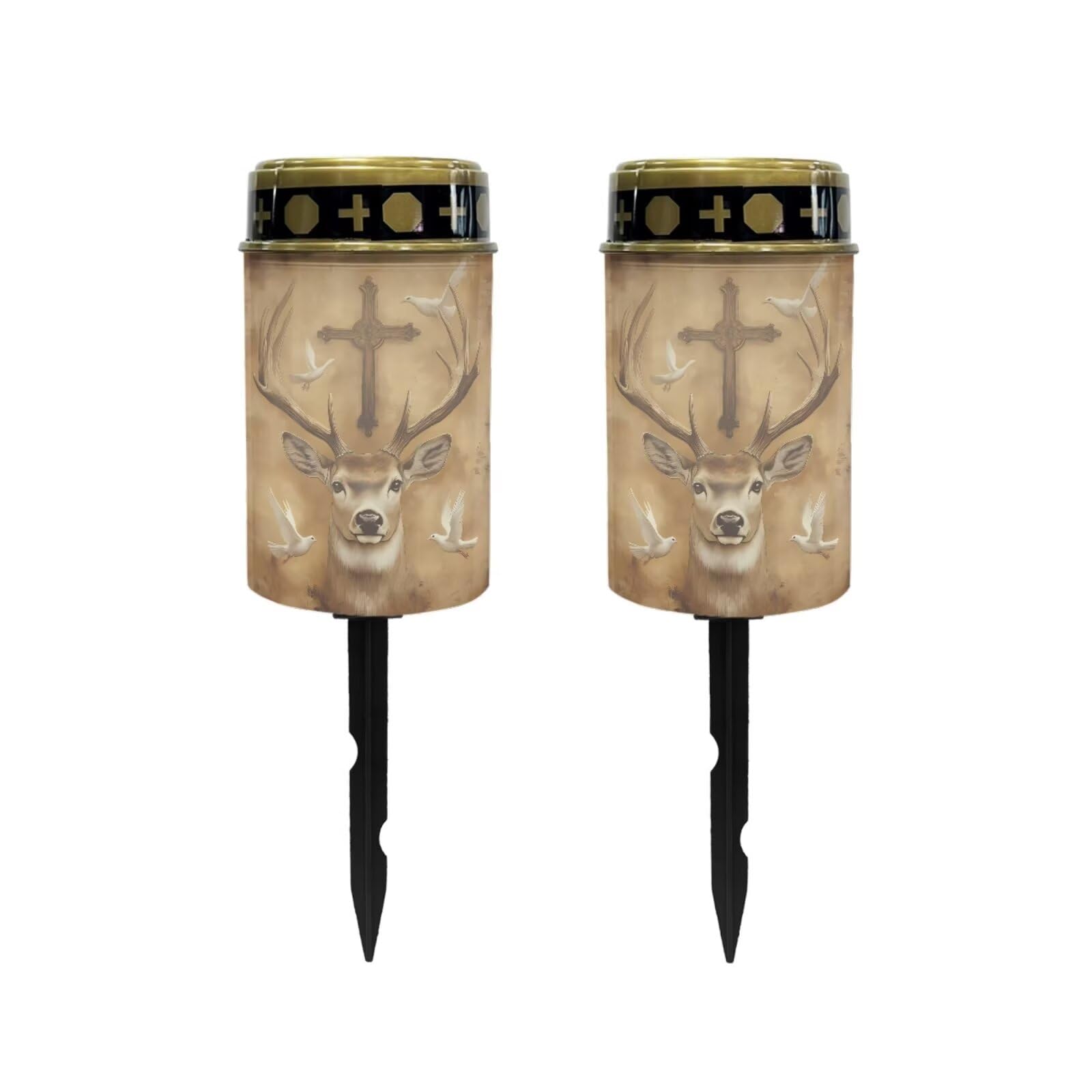 Poceacles Solar Grave Lights Pack of 2, Deer Cross Dove of Peace Retro, LED, Solar Powered, Waterproof, Outdoor