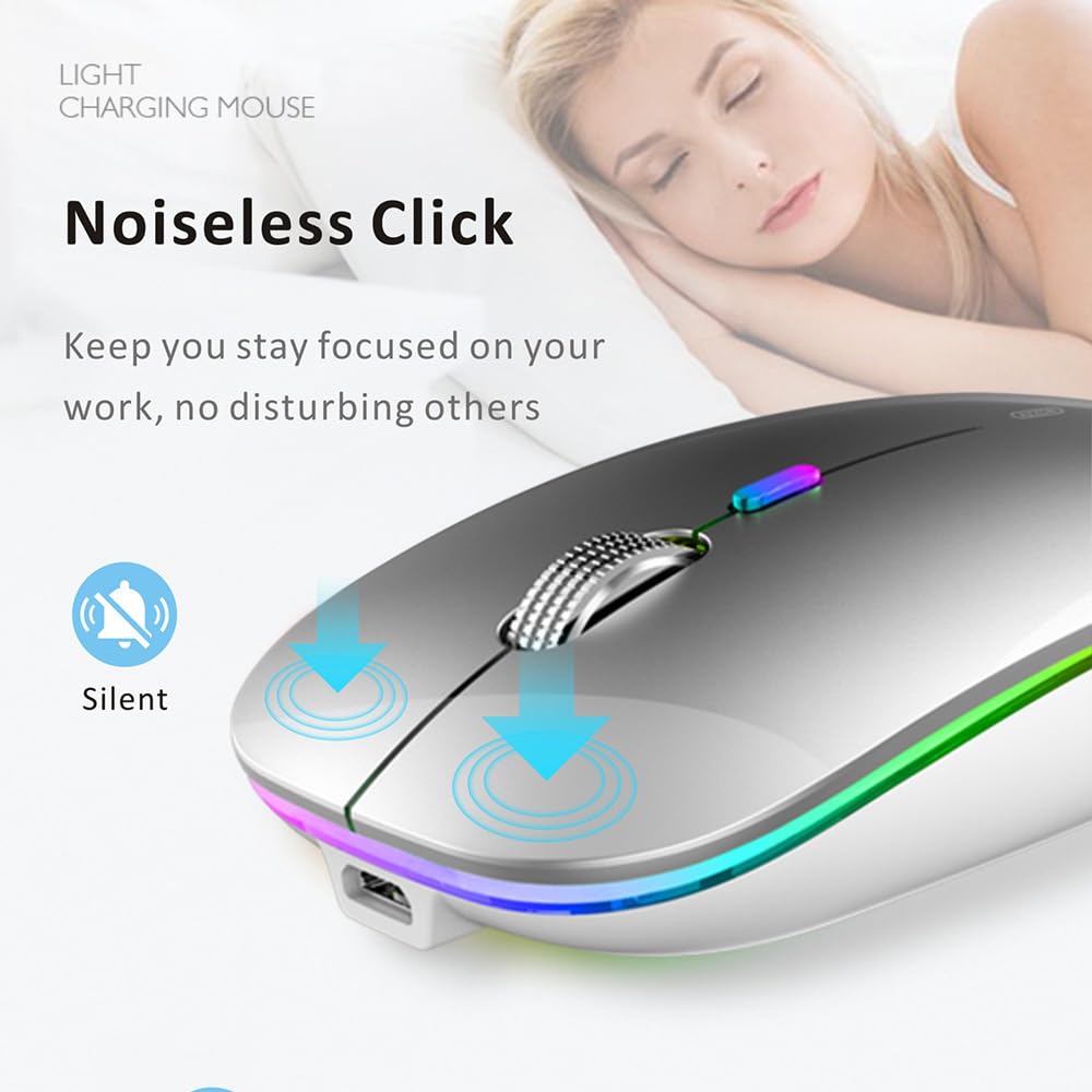 Uiosmuph Led Wireless Mouse, G12 Slim Rechargeable Silent Mouse, 2.4G Portable Optical Computer Mice With Usb Receiver And Type