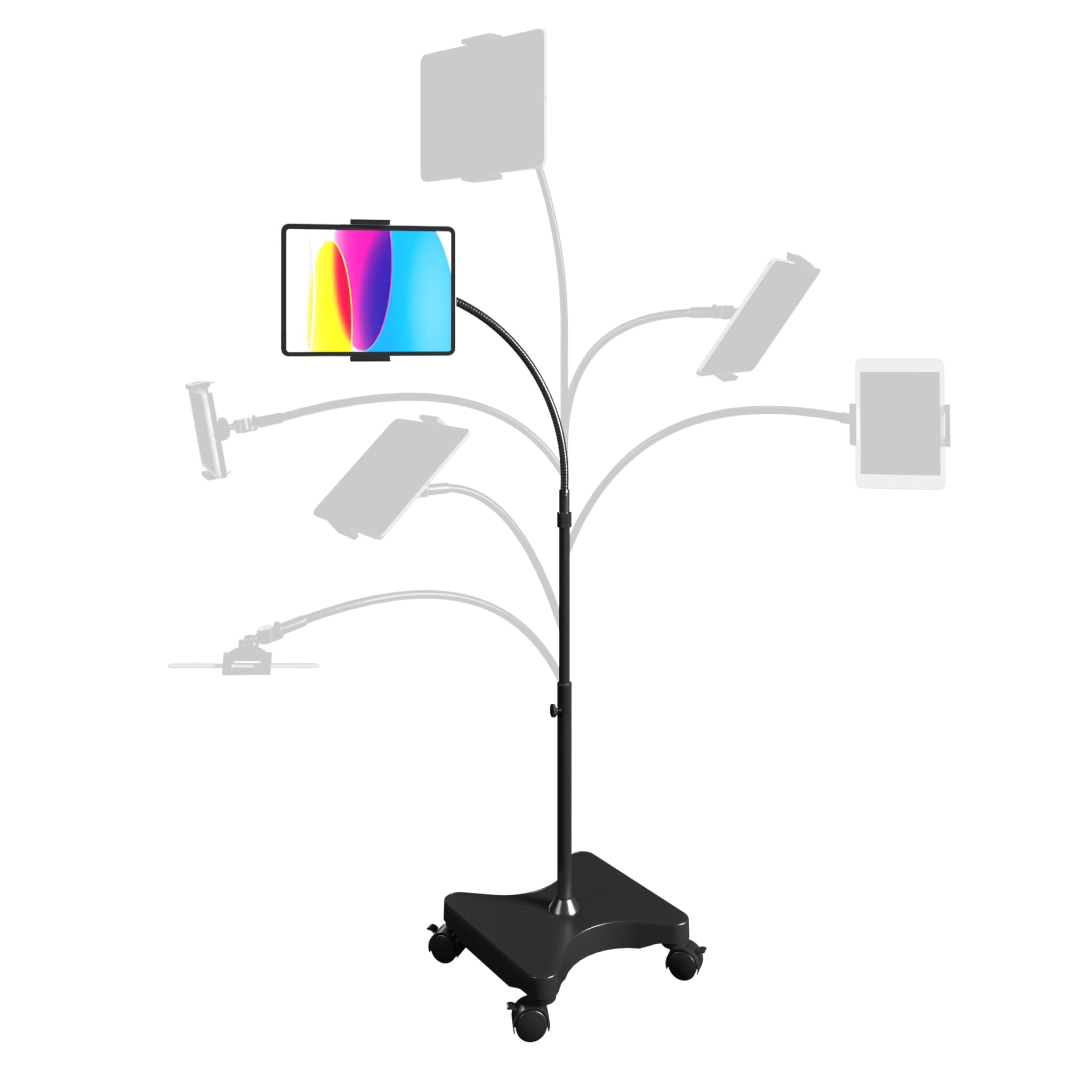 Levo Adjustable Height Floor Stand On Wheels For Tablet & Phone   Gooseneck Holder Mount With Stable Base   Compatible With All Cell Phones & Tablets (4 13 Inch)   Black With Casters