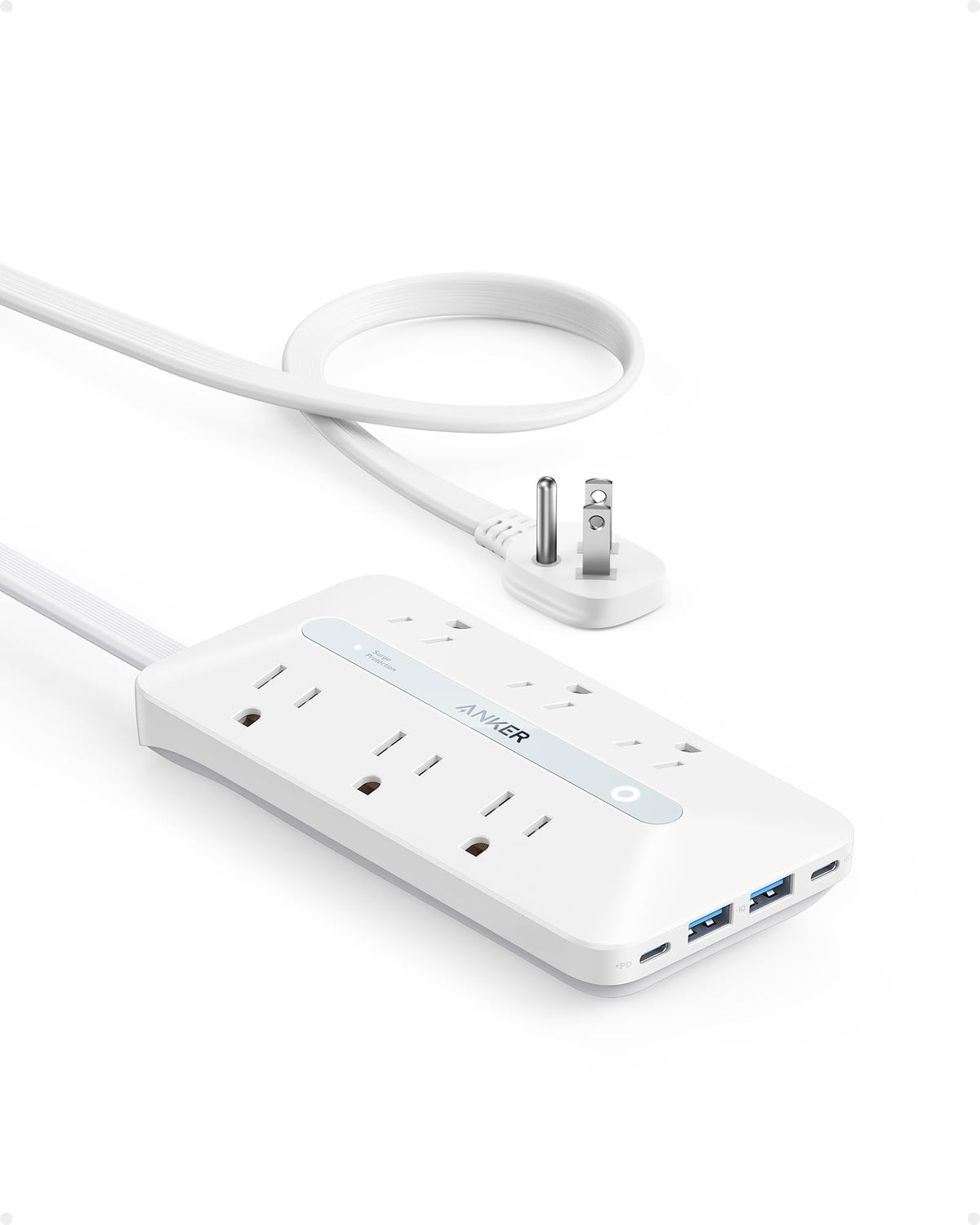 Flat Plug Power Strip(300J), Anker 20W Usb C Power Strip, 10-In-1 Ultra Thin Power Strip With 6 Ac, 2 Usb A/2 Usb C,10Ft Extensi
