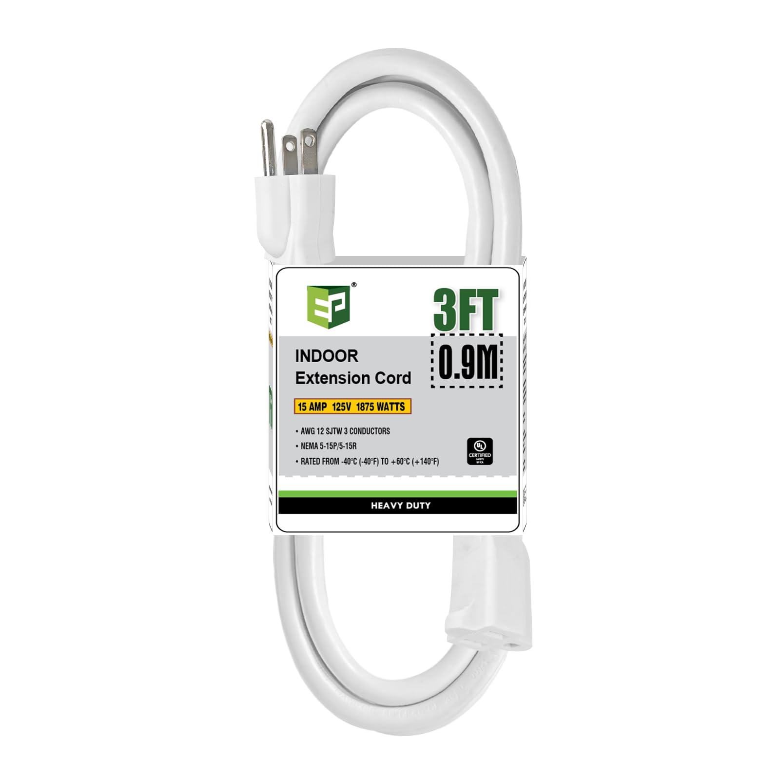 Ep 3 Ft Indoor Extension Cord, 12/3 Sjtw Heavy Duty Extension Cable With 3 Prong Grounded Plug, 15 Amp Power Cord For Lawn, Gard