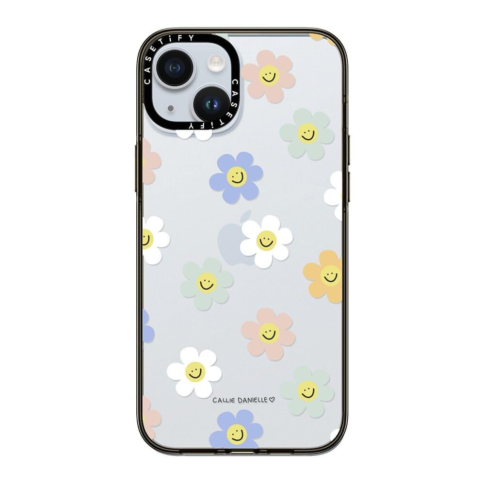 Casetify Compact Case For Iphone 15 [2X Military Grade Drop Tested / 4Ft Drop Protection]   Happy Daisies   Clear Black