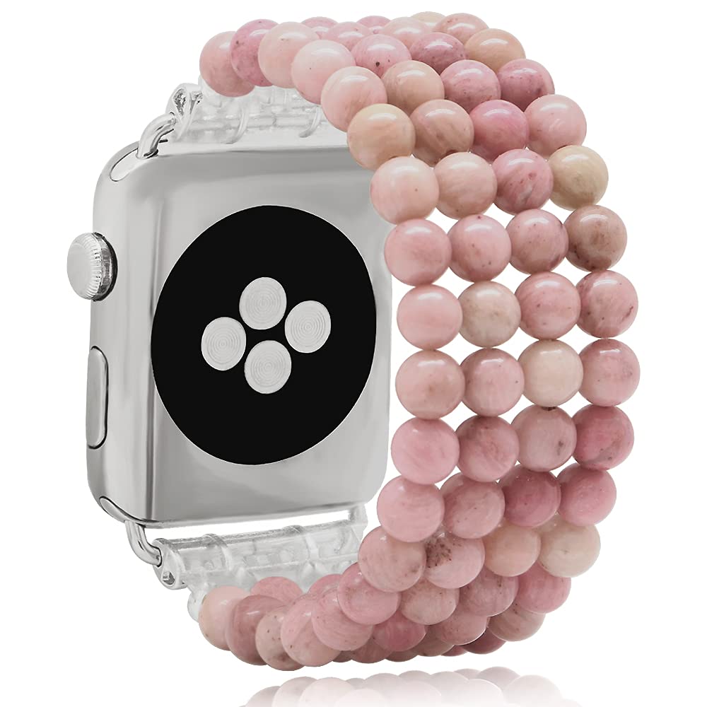 Kai Top Beaded Bracelet Compatible With Apple Watch Band 38Mm/40Mm/41Mm For Women Girls, Natural Pink Rhodonite Beaded Elastic B