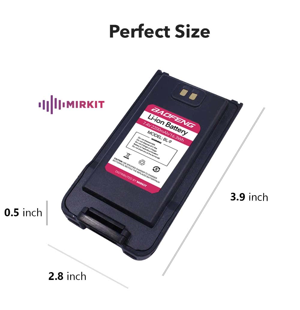 Mirkit Baofeng Battery Bl 9 2200Mah Li Ion Compatible With: Baofeng Uv 9R, Uv 9R Plus, Bf T57 Two Way Radios   Rechargeable Extended Battery Radio