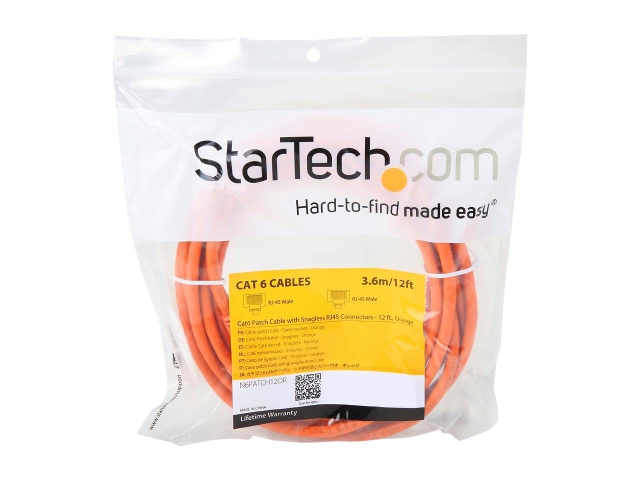 StarTech.com 12ft CAT6 Ethernet Cable   Orange CAT 6 Gigabit Ethernet Wire  650MHz 100W PoE RJ45 UTP Network/Patch Cord Snagless w/Strain Relief Fluke Tested/Wiring is UL Certified/TIA (N6PATCH12OR)