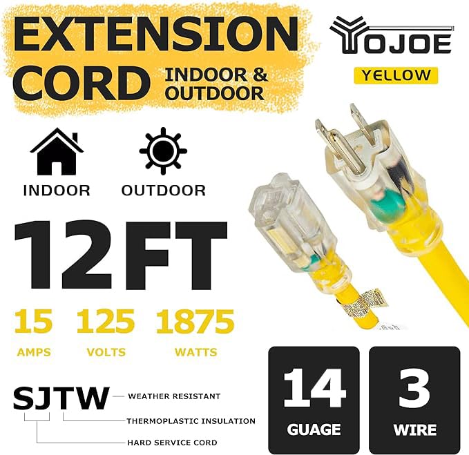 Yojoe Indoor Outdoor Extension Cord With Lighted End, 3 Prong 15A Weatherproof Power Extension Cord, 14 Gauge Heavy Duty 12 Ft Y
