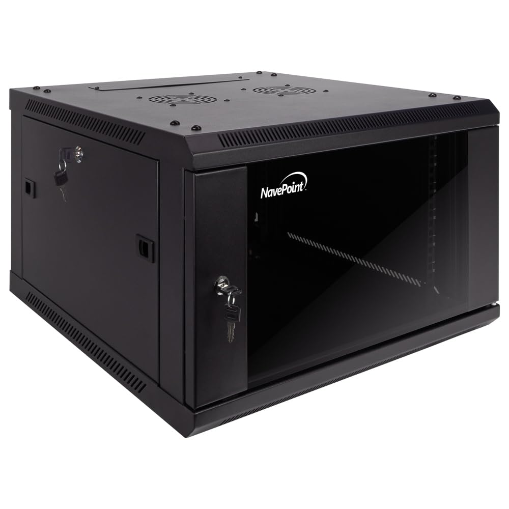 Navepoint 6U Server Cabinet Wall Mount Rack Enclosure Includes 2 Fans, Locking Glass Door, Removable Side Panels   6U Network Ca