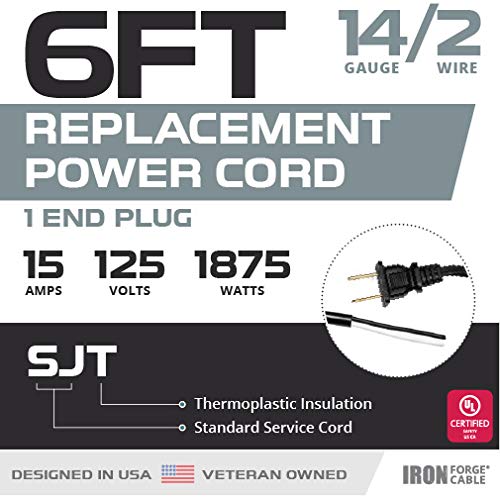 Iron Forge Cable 14 Awg Replacement Power Cord With Open End   6 Ft Black Extension Cable, 2 Wire 14/2 Sjt