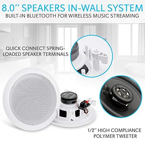 Pyle Pdicbt852Rd 8 Inch 250 Watt Bluetooth In Ceiling Wall 2 Way Flush Mount Home Indoor Stereo Speakers System Pair, White