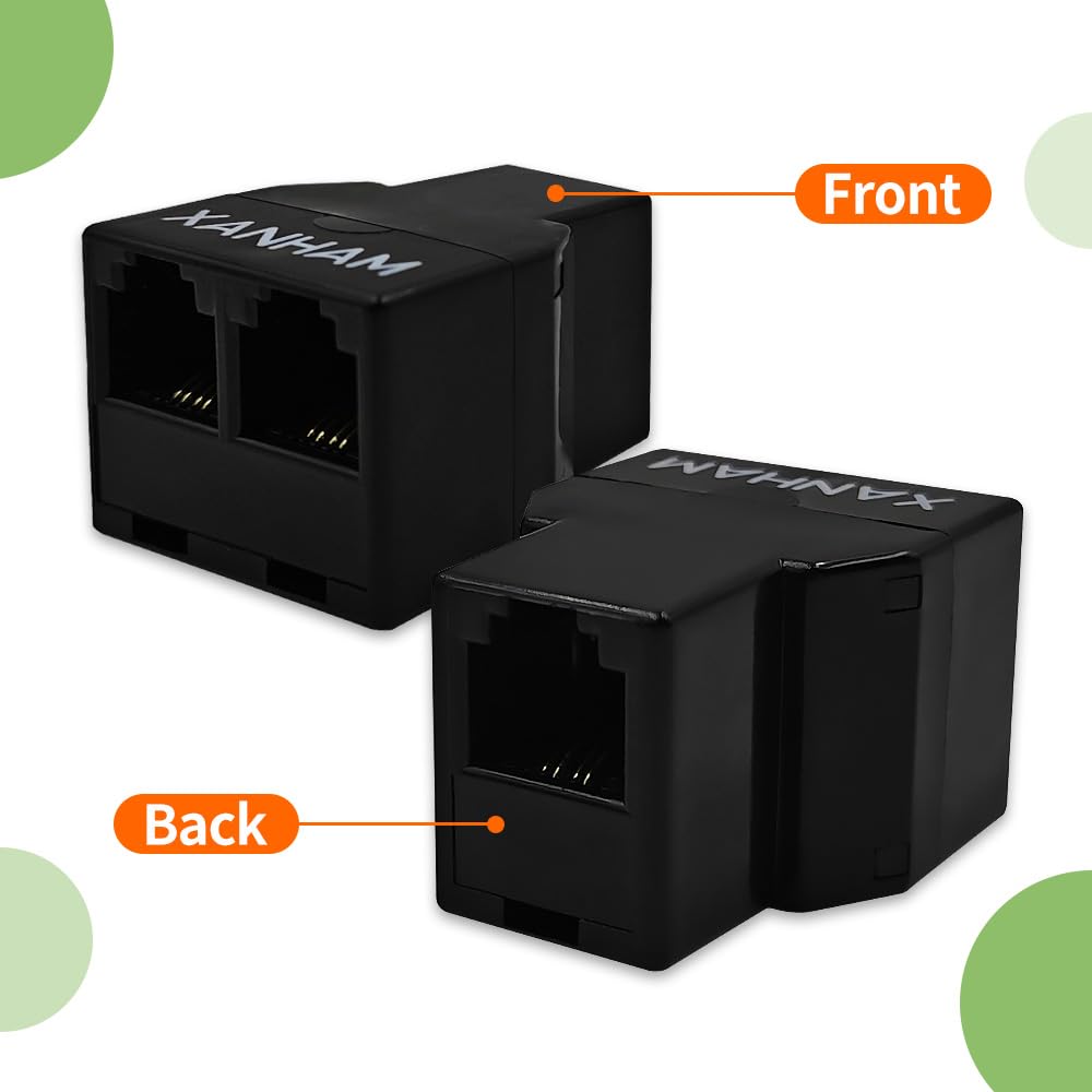 Xanham Phone Cable 2 Way Splitter Rj11 6P4C Telephone Line Cord Adapter With 3 Inch Cable For Landline Phone Wire, Black, Av0120